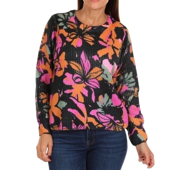 CocoBleu Women's Floral Print Sweater - Black Multi - Picture 1 of 2